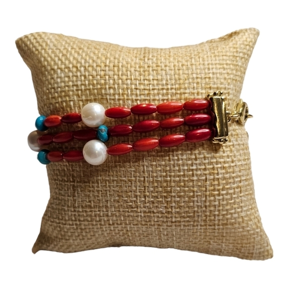 American West Red Coral Bead, Turquoise, and Pearl 3 Strand Bracelet - Picture 3 of 7